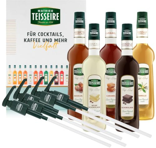 Mathieu Teisseire Kaffee Sirup Set – 5x Kaffeesirup 0,7 l & 5 Dosierpumpen - Karamell, Vanille, Schokolade, Haselnuss, Weisse Schokolade