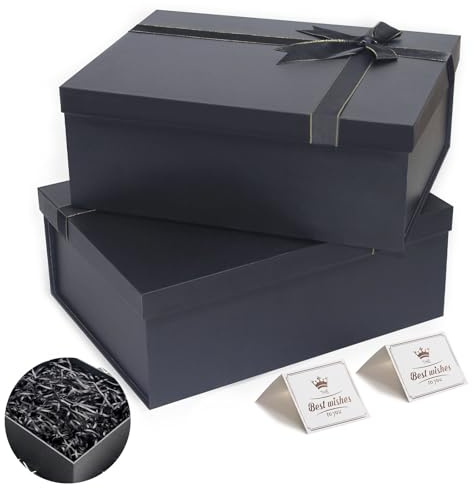 Giftilious Große Geschenkboxen, 33 x 25,4 x 12,7 cm, Schwarz, 2 Stück, Faltbar und elegant, Geschenkboxen mit Deckel für Geschenke, Geschenkpapierboxen für Geburtstage, Trauzeugenanträge, Jubiläen