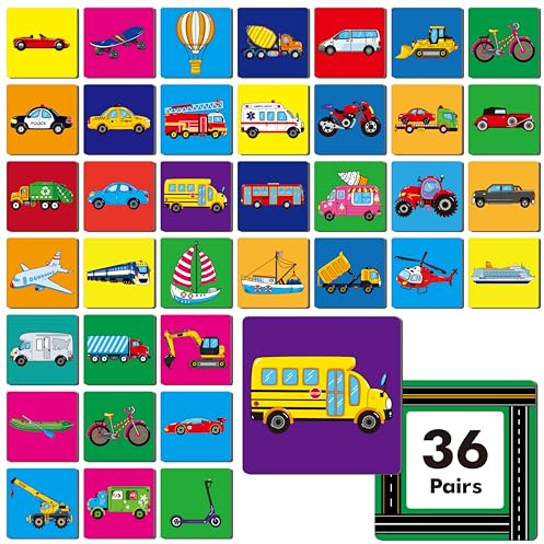 Fahrzeug-Matchingspiel, 72 PCS Verkehrsgedächtnis-Matching-Karten für Kleinkinder, 36 Paare Transportgedächtnis-Karten, pädagogisches Spielzeug für Vorschulkinder Jungen & Mädchen 4 5 6 Jahre alt