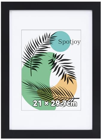 Spotjoy Bilderrahmen 21x29.7 cm DIN A4 mit Passepartout | Holzrahmen Rahmen für Tisch- und Wandmontage Zertifikatsrahmen mit Acrylglas für Fotos, Poster, Porträts, Schwarz