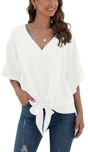 Anelune Chemisier d'été en mousseline de soie pour femme Tunique Tops - Manches courtes - Élégant - Col en V - Ample - Décontracté - Cravate sur le devant - Manches trompettes - T-Shirts - Tailles S à