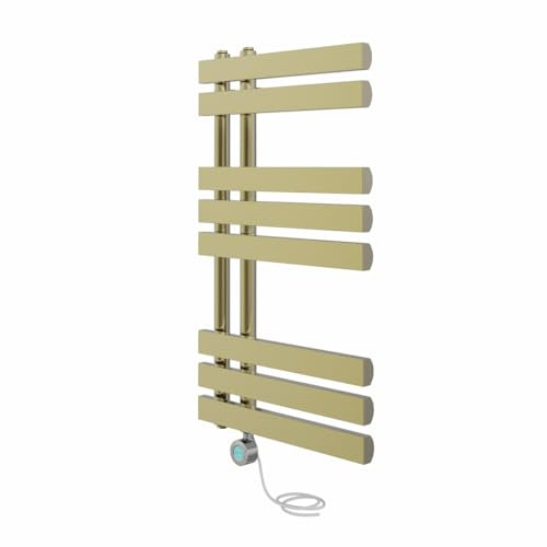 NRG Prefilled Designer Electric Heated Towel Rail Radiator Brushed Brass Bathroom Warmer LCD Screen Thermostatic Heating Element with WiFi 800x450mm - 400 Watt