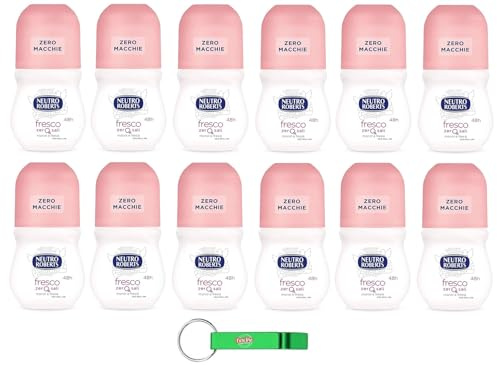 Neutro Roberts Lot de 12 déodorants roll-on Fresco, sans sels d'aluminium, sans taches, parfum de monoï et de freesia, unisexe, 50 ml + porte-clés gratuit Beni Culinari