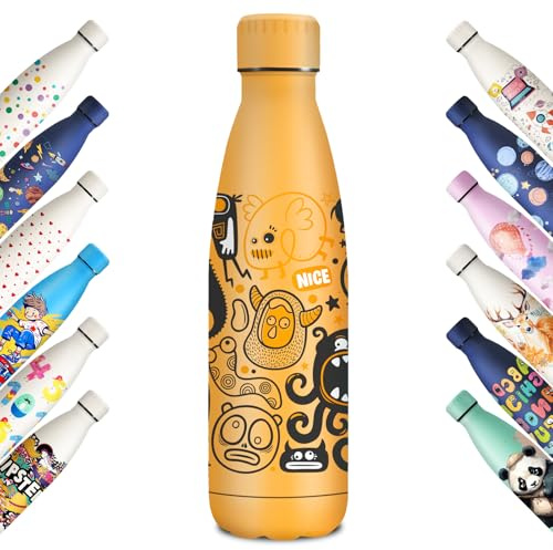 KollyKolla Edelstahl Trinkflasche 500ml, 3D-Druck Trinkflasche, Trinkflasche Sport, Kohlensäure Geeignet, Auslaufsicher Thermoskanne, BPA-Frei, Trinkflaschen für Kinder, Schule, Sport