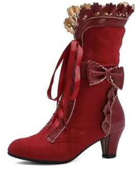 Blano Lofor Women Victorian Boots Chunky Heels Lace up Cute Bow Knot Cosplay Costumes Witch Medieval Renaissance Mid-Calf Goth Boots Gothic Character Dance Kawaii Lolita Shoes Burgundy Size 9
