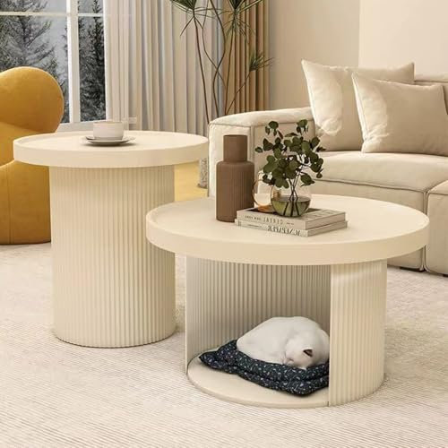 Kleiner Niedriger Couchtisch Couchtisch Rund Holz Couchtisch 2er Set Tragbarer Sofa-Beistelltisch Stilvolle Holzmöbel Für Die Heimdekoration Sofatisch Couchtisch Kaffeetisch Nachttisch(Creamy white,70