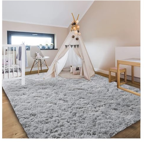 Bibykivn Shaggy Modern Teppich, Teppichunterlage Antirutschmatte, Als Faux Bett-Vorleger oder Matte, Langflor Teppiche für Wohnzimmer Schlafzimmer, Esszimmer oder Kinderzimmer (Grau, 120x160 cm)