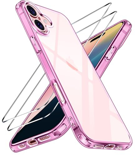 ivoler Nie Vergilbung Klar Hülle für iPhone 16, 1 Handyhülle mit 2 Stück Panzer Schutz Glas und Positionierhilfe, [Militärischer Schutz] Stoßfest Transparent Schutzhülle Dünn Durchsichtige Case - Rosa | 2 Stück Displayschutzfolie aus gehärtetem Glas, militärische Schutzhülle, stoßfest, hart, dünn, für Telefon