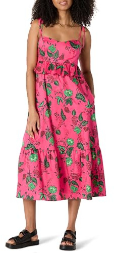Amazon Essentials Maxi Abito a Balze a Trapezio, Vita Impero, Scollo a Cuore, in Raso di Cotone Donna, Rosa Shocking Rosso Leafy Floral, XL