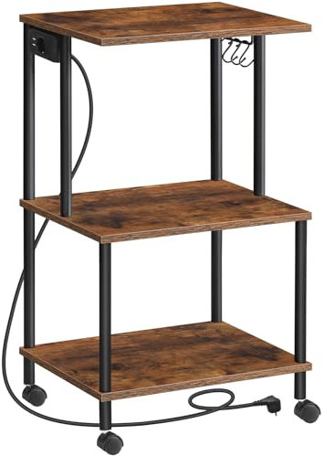HOOBRO Druckerwagen mit Ladestation, 3 Ebenen, mit Rollen/verstellbaren Füßen, 3 Haken, gegengeschraubte Struktur, für Büro, Wohnzimmer, Küche, Schlafzimmer, Vintagebraun und Schwarz EBF48CPS01