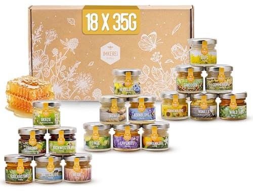 Imkerei Schell - Honig Geschenkset (18×35 g) Die Große Vielfalt - Honigset ideal zum Verschenken oder Probieren - Mini Honiggläser gefüllt mit Ingwer in Honig, Lavendelhonig und Waldhonig