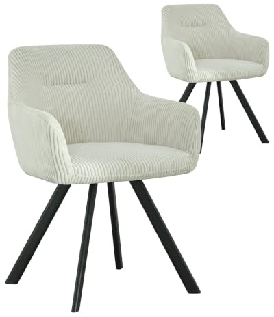 B&D home® Esszimmerstühle Cyrus 2er-Set – Polsterstuhl mit Armlehnen, Cordstoff Hellgrau, stabiles Metallgestell schwarz, moderner Industrial-Look für Küche, Esszimmer & Wohnzimmer