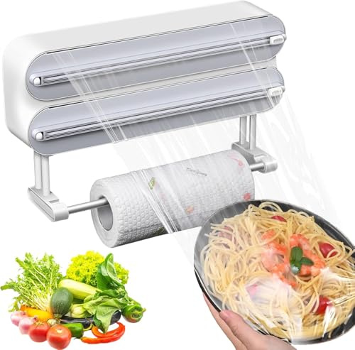 Wandrollenhalter Alufolienspender und Frischhalte, 3 In 1 Magnetischer Frischhaltefolienspender Folienschneider Küche mit Küchenrollenhalter für Küche, Kühlschrank