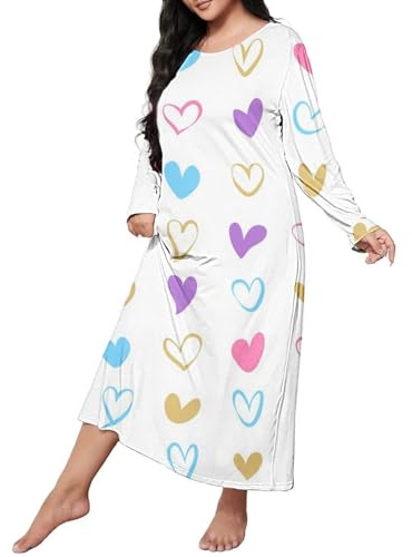 Chemise de nuit pour femme à manches courtes grandes tailles, pyjama femme coton long cœurs manches longues chemise de nuit imprimée chemise de nuit longueur genou t-shirt de nuit doux vêtements de
