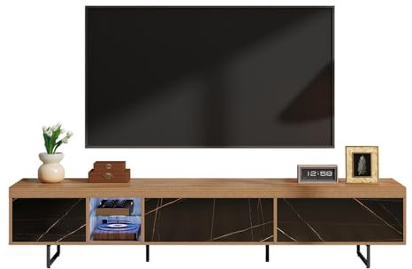 Meuble TV LED 190 cm, Meuble Télé de Salon avec 3 Portes et 1 Compartiment Ouvert, Armoire de Télévision Conception Sans Poignée, Pieds en fer Noir, Finitions en Noyer et Marbre, Élégance Moderne