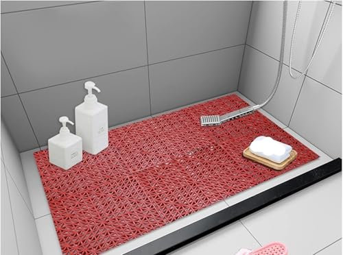 Bathroom Rug Mat，Floor Mat PVC Bathroom Mat Non-Slip Interlocking Floor Mats 500g/㎡ PVC Interlocking Tiles, for Outdoor Playgrounds Bathroom Kitchen Patio Bar Counter(Red,(9 pieces)30x30cm)