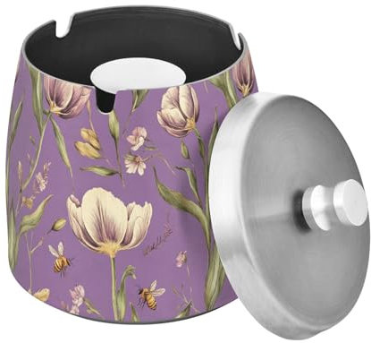 Posacenere in acciaio inox con coperchio per decorazione sigari fiore rustico viola, portacenere da tavolo per interni ed esterni, tavolo da patio, portatile, antiscivolo