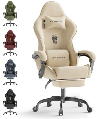 Ferghana Gaming Stuhl Ergonomisch,Gaming Chair，Atmungsaktiver Bürostuhl aus Hochwertigem Stoff，Computerstuhl mit verstellbare Kopfstütze und Lendenkissen，Armlehnen，Fußstütze，Racing PC Stuhl ，Weiß