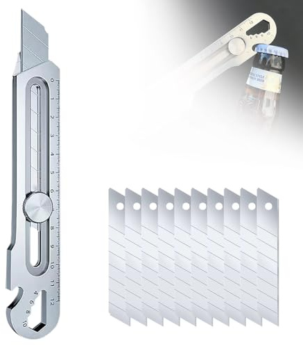 Profi Cuttermesser Set, Edelstahl Universalmesser mit Extra 10 Stück 18mm Abbrechklinge, Multifunktionales Mehrzweck Robuste Teppichmesser Druckguss Cutter Messer (Silber, 1 Pcs)