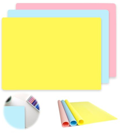 3 Stück Silikonmatte 40x30cm,Hochwertige Umkehrbares Silikonmatte，Bastelunterlage kinder für Kindermalerei, Tischmatten, Küchenmatten(Rosa + Blau + Gelb)