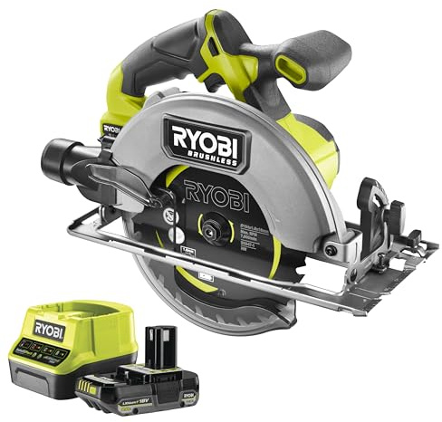 Ryobi - Scie Circulaire 18 Volts sans fils, BRUSHLESS, 2 lames 24 dents 184mm, livrée avec un rail de guidage 1 Batterie 2Ah et 1 Chargeur Rapide