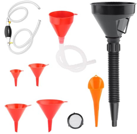 Set aus flüssigem Transfertrichter – Flexibles Ölwechsel-Set von 8 Stück mit abnehmbarem Ausguss und integriertem Filter | Pilze mit großer Öffnung mit Handpumpe Per, Kerosin, Manu