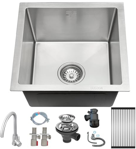KOOGIMDDR Silver Stainless Steel Kitchen Sink, 38 x 38 cm, Small Built-in Sink, Sink with Tap Hole, Strainer Basket Valve and Overflow, Built-in Sink, Rectangular Sink