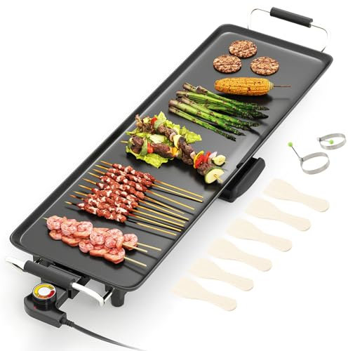 TANGZON Electric Teppanyaki Grill, 1800W Non-Stick Barbecue Grill with Adjustable Temperature, 6 Spatulas & 2 Egg Rings, Table Top BBQ Hot Plate Griddle (83x24cm, Stamping Aluminum)