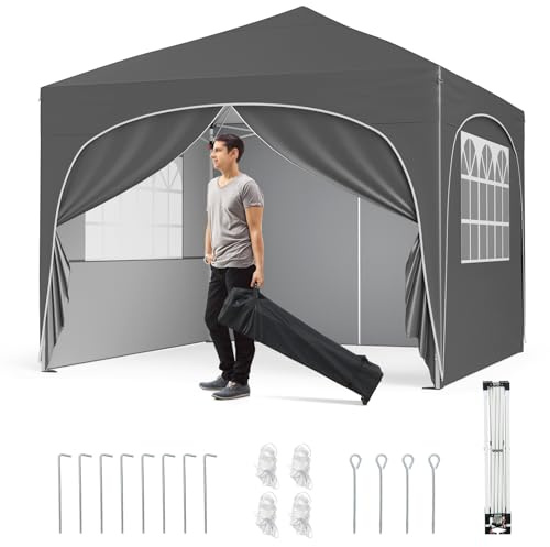 COSTWAY Pavillon 3x3 m, Faltpavillon mit 4 abnehmbaren Seitenwänden & 4 Sandsäcke, Gartenpavillon UV-Schutz 50+ inkl. Rolltasche, 8 Heringe, 4 Anker, 4 Windseile, Gartenzelt für Strand, Garten (Grau)