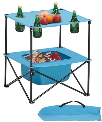 VEVOR Folding Camping Table, Portable Outdoor Lightweight Picnic Table, 600D Oxford Fabric Waterproof Canvas Travel Beach Tables, with 4 Cup Holders, Carry Bag, for Tailgating Camping Picnic, Blue