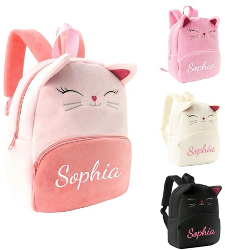 Generico Zaino Asilo Personalizzato con Nome, Zaino per Bambini e Bambine a Forma di Gatto, Mini Zaino Leggero per Asilo Nido, Scuola Materna e Viaggio (Rosso)