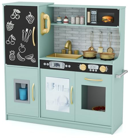 DREAMADE Kinderküche Holz mit Zubehör, Kinderspielküche Holzküche mit Herd Geschirrspüler Eismaschine Kühöschrank mit Tafel, Spielküche für Jungen und Mädchen ab 3 Jahren (Grün)