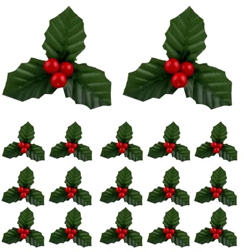 JECOMPRIS 50pezzi Bacche di Agrifoglio Artificiali da Rami di Bacche Rosse con Foglie Finte per Ghirlande Natalizie Decorazioni per Vasi di Fiori e Centrotavola