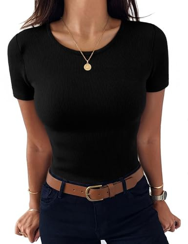 Aottori T Shirt Femme Manches Courtes Col Rond Été Haut Côtelé Top Slim Uni | Doux et extensible, maille côtelée légère, tenue ajustée, confort quotidien, facile à porter seul ou sous une veste