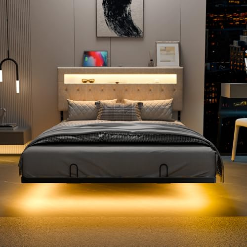 Bonnlo Lit 140 x 190 avec Sommier, Lit 2 Personnes Flottant avec Éclairage LED et Ports USB/Type-C, Tête de Lit Tapissée avec Rangement, Structure Stable en Métal, Tissu en Lin Beige