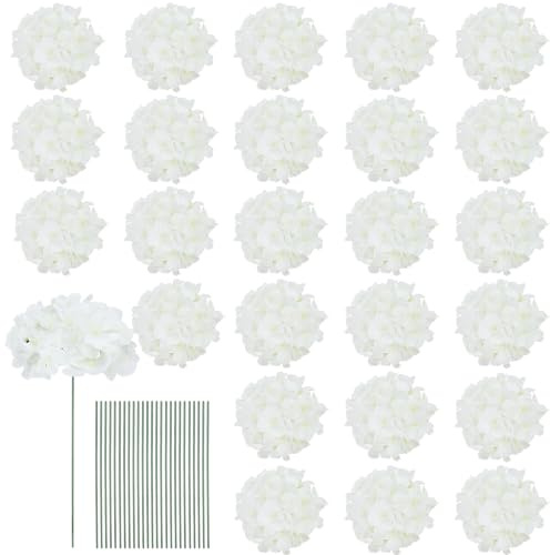 Fairblo 25 Pièces Hortensia Artificielle Blanche Fausses Hortensias Têtes | Fleur Artificielle Deco en Soie Fausse Fleurs avec Tige pour DIY Mariage Bouquet Decoration Gateau Fêtes Home