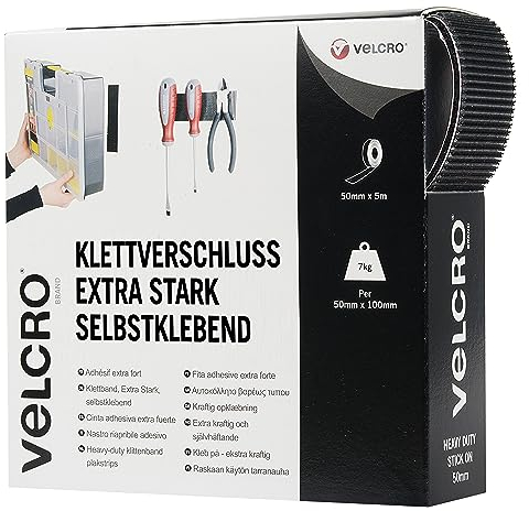 Velcro Marque Rouleau Adhésif Auto-Agrippant Industriel Très Résistant Double Face Qui Se Coupe À La Longueur Désirée, Avec Crochets Et Boucles Le Bureau Et Dans Le Garage, Noir, 50 Mm X 5 M