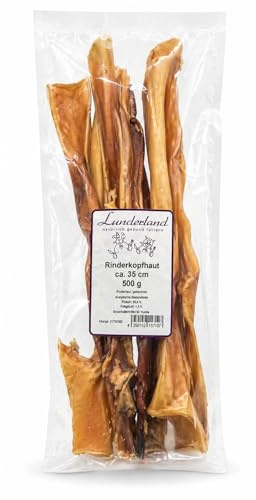 Lunderland Rinderkopfhaut lang | 500 g | Einzelfuttermittel für Hunde | Geruchsarmer Kauspaß