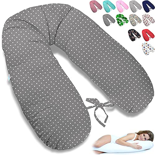 ekm trade 170cm XXL Stillkissen Schwangerschaftskissen Lagerungskissen Seitenschläferkissen große Farbwahl Handmade Baumwolle 100% aus Zertifizierte Materialien (13 – Grau – Weiße Punkte)