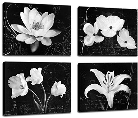 Biuteawal - Flower Canvas Prints Art Magnolia Lily Flower Painting Black and White Floral Bloom Pictures Prints on Canvas Wall Decoration for Bedroom Framed Ready to Hang
