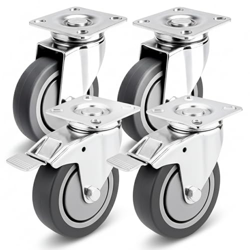 PRIOstahl Transportrollen mit Bremse - 100mm Rollen für Möbel 4 Rollen Set - bis zu 320Kg Spurlos abrollend - Möbelrollen Lenkrollen Gummi f Palettenmöbel Transportroller o. Transportboxen Rollbrett