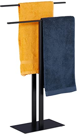 Relaxdays Handtuchständer, 2 Stangen, freistehend, Badezimmer, Eisen, Doppelhandtuchhalter HBT: 82 x 50 x 19 cm, schwarz, 1 Stück