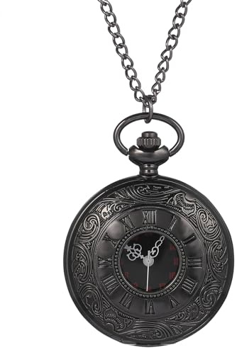 Hemobllo Runde Retro Klassische Taschenuhr mit Dualem Display, Schwarz | Metallgehäuse, Römische und Arabische Ziffern, Feine Kette, Dekorativ Praktisch