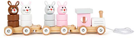 Small Foot 11719 Nachziehzug Hasenfamilie aus Holz, Steckspiel, Nachziehspielzeug und Stapelturm in einem, ab 12 Monaten Toys, Mehrfarbig, S