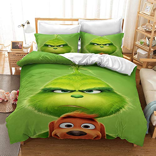 Nichiyo, set di biancheria da letto The Grinch – copripiumino e federa, microfibra, stampa digitale 3D (copripiumino + federe) (5, letto singolo 135 x 200 cm)