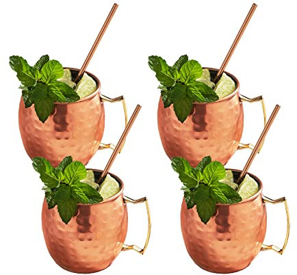 Sol Living Moscow Mule Tassen Geschenk Set von 4, 14 oz Kupferbecher mit 4 Trinkhalmen Premium Edelstahl Innen Handarbeit Barware Set für Cocktails Mixed Drinks Bar Zubehör