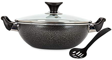 Casa D' Or 40cm Black Non Stick Cooking Aluminium Wok Deep Frying Pan Dual Handle Glass Lid with Ladle