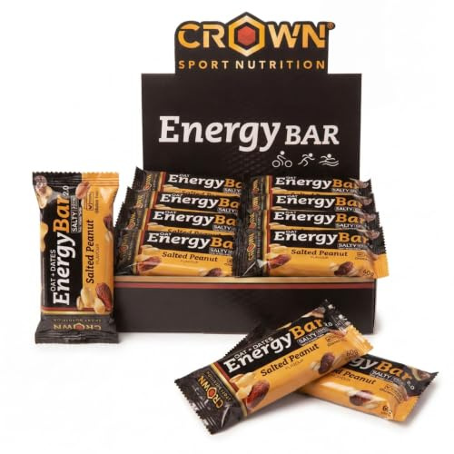Crown Sport Nutrition Energy Bar 2.0 Cacahuete Salado | Caja 12 x 60 g | Barritas Energéticas Ciclismo Sin Gluten | Avena y Pasta de Dátil | 241 mg Sodio | Sin Aceite de Palma | Vegano