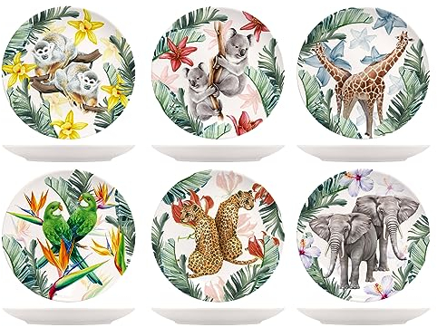 H&H Exotic - Set 6 Piatti Piani in New Bone China, Decori Assortiti in Rilievo, 26cm