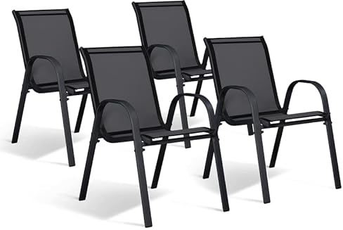 IDMarket - Set di 4 sedie impilabili in metallo e textilene nero LYMA